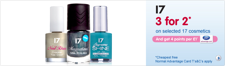 3 for 2 on selected 17 cosmetics. Exclusively at Boots